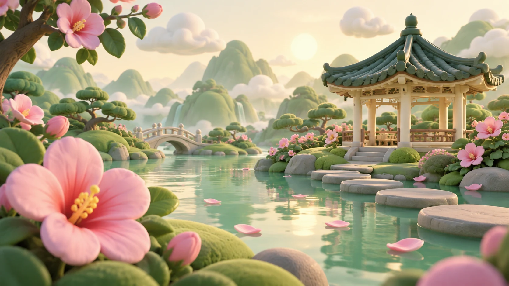 A playful 3D cartoon Korean garden with a jade pavilion and pink Mugunghwa flowers